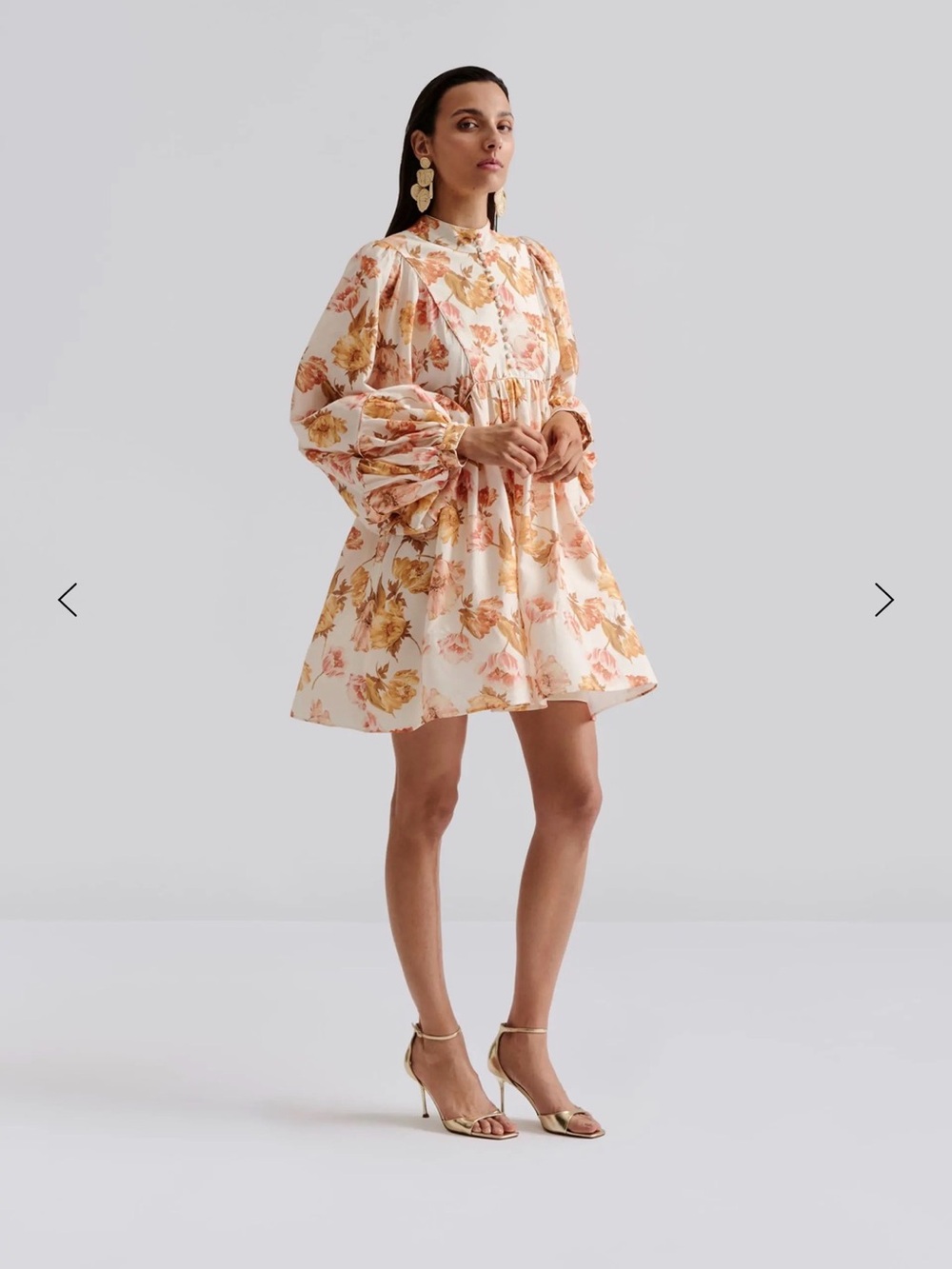 By Malina Floral Puff Sleeve Mini Dress Cream with Peach & Mustard Blooms